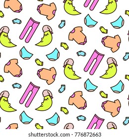Toddler line icon cute tender vector pattern. Soft pink romper suits, sleeping moon and baby socks seamless pastel background for fabric or website.