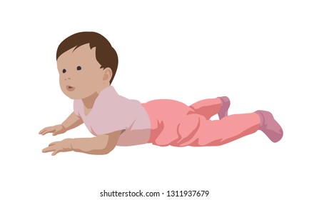 Toddler, little baby girl lying in pink clothes, isolated vector illustration. Flat design