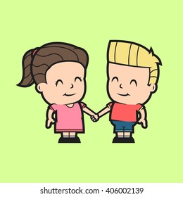 Toddler Little Girl and Little Boy Holding Hands Vector Graphic Illustration