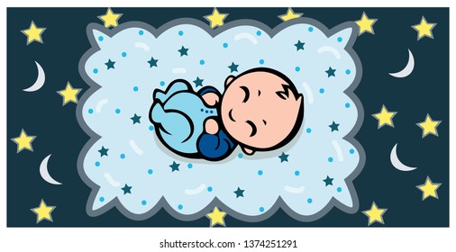 Toddler lying on bed, dreaming and smiling in stars and moons background