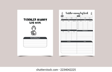 Toddler nanny log book interior. Toddler caregiver and nanny information recorder interior. Daily nanny information tracker and child activity checker interior