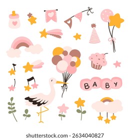 Toddler nursing and health care and hygiene products with decorative elements for baby shower design.	