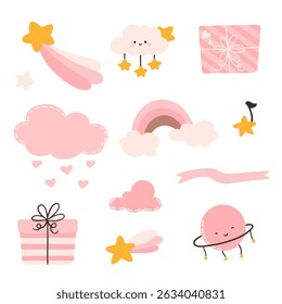 Toddler nursing and health care and hygiene products with decorative elements for baby shower design.	