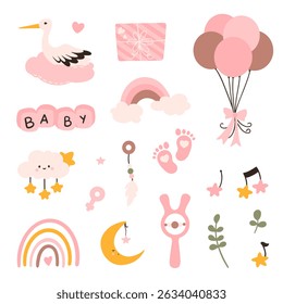 Toddler nursing and health care and hygiene products with decorative elements for baby shower design.	