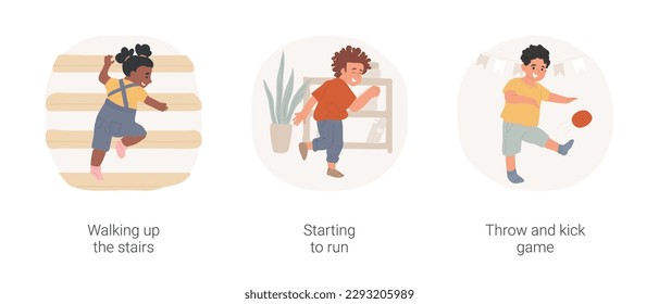Toddler physical skills isolated cartoon vector illustration set. Walking up the stairs, starting to run, throw and kick game, child movement early education, learn to walk vector cartoon.