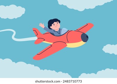 Piloto infantil. Niño pequeño volar en avión en el cielo con las nubes. Niño de dibujos animados volando en avión. El sueño se hace realidad metáfora, transporte de juegos infantiles, escena de Vector reciente