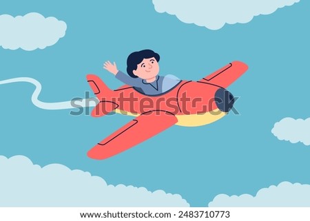 Toddler pilot. Little boy fly on plane in sky with clouds. Cartoon kid flying on airplane. Dream comes true metaphor, child play transport, recent vector scene