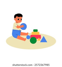 Toddler Playing With Blocks On The Floor In Flat Vector Illustration Symbolizing Creativity, Playtime, And Development, Isolated On White Background.