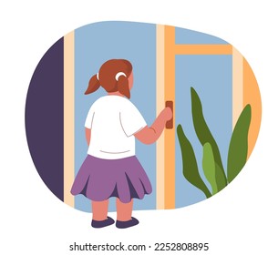 Toddler playing at home, isolated child walking unattended opening window. Risk of falling down and getting hurt or having injury. Keeping children away from danger, safety. Vector in flat style
