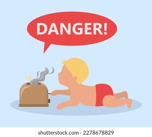 Niño pequeño jugando con ilustración vectorial de tostadora caliente. Tecnologías inteligentes que evitan situaciones peligrosas. Niño sin supervisión de fondo azul. Tecnología inteligente, concepto de seguridad infantil