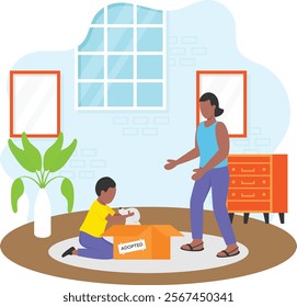 Toddler playing with Newly Adopted Puppy concept, Mother and Boy Playing with Doggy vector design, Pet foster and hotel Symbol, kennel animals Sign, Human-animal interaction scene illustration