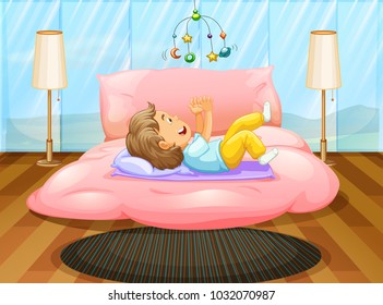 Toddler playing on the bed illustration