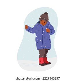 Toddler Playing on Street at Wintertime, Child Enjoying First Snow. Little Black Boy Character Wear Warm Clothes Look on Falling Snowflakes at Winter Vacation. Cartoon People Vector Illustration