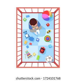 Toddler In Playpen Semi Flat RGB Color Vector Illustration. Infant Play With Toys In Safe Space. Home Playground For Kid. Baby Isolated Cartoon Character Top View On White Background