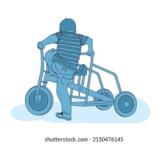 Toddler plays outside in the schoolyard with a tricycle chariot, illustration in one color