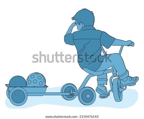 Toddler plays outside in\
the schoolyard with a tricycle with trailer with balls,\
illustration in one\
color