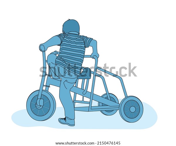 Toddler plays outside in the\
schoolyard with a tricycle chariot, illustration in one\
color