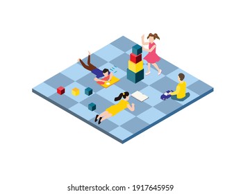Toddler plays at school isometric 3d vector concept for banner, website, illustration, landing page, flyer, etc.