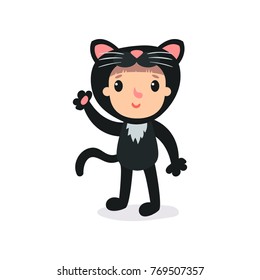 Toddler in plush black cat costume waving by hand. Child wearing animal suit with cute ears and tail. Flat vector design for poster, banner, kids party invitation card.