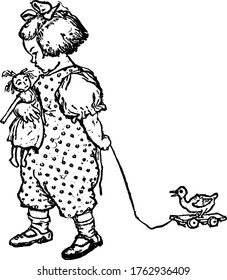 Niño tirando de un juguete y sosteniendo una muñeca en su mano derecha, dibujo vintage o ilustración grabadora.