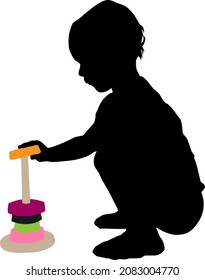 toddler with pyramide from rings, kid playing, vector silhouette isolated on white background, realistic outline