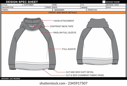 TODDLER RAGLAN HOODIE BOYS AND GIRLS FLAT SKETCH FASHION TEMPLATE TECHNICAL DRAWING ILLUSTRATION