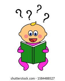 Toddler is reading a book on a white background. Cartoon. Vector illustration.