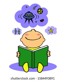 Toddler is reading a book on a white background. Vector illustration.
