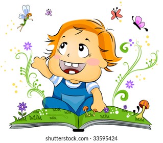Toddler reading Fantasy Book - Vector