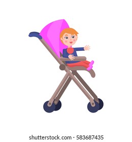 Toddler with red hair sits in pink baby carriage, smiles and lend hand on white background. Cartoon toddler icon. Happy childhood. Mother Day toddler collection isolated vector illustration.