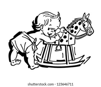 Toddler With Rocking Horse - Retro Clipart Illustration