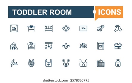 Toddler Room minimal icon set. Related to girl, toys, car, table, kid, bedroom, desk, bed. Perfect for logos and infographics. Solid line editable stroke.