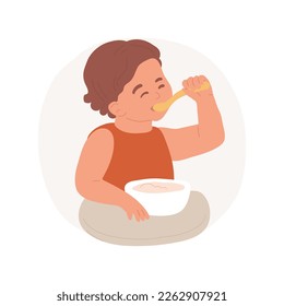 Toddler self-feeding isolated cartoon vector illustration. Smiling kid feeding himself with tasty meal, healthy lifestyle, toddler food habits, child in a good mood vector cartoon.