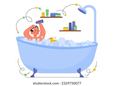 Toddler in shower or bath concept. Small boy lies in soap bubbles with rubber duck and shampoo. Routine and hygiene, cleanliness. Baby in bathroom. Cartoon flat vector illustration