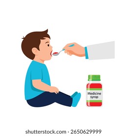 A toddler sits and opens their mouth to receive medicine from a spoon held by an unseen hand in a white coat. A bottle of medicine syrup is nearby.
