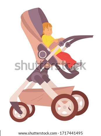 Toddler sitting in buggy vector, isolated child son in perambulator, flat style baby summertime fresh air, pram with calm kiddo outdoor walking stroll