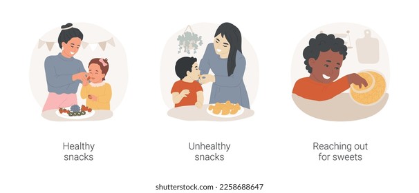 Juego de ilustraciones vectoriales de dibujos animados aislados para niños pequeños. Tentempiés saludables, niños comiendo frutas y verduras, comida no saludable, comida chatarra, niños pequeños buscando dulces, dibujos animados vectores de malos hábitos.