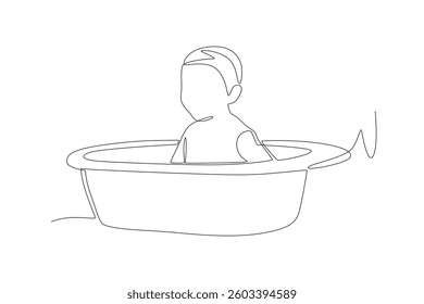 Toddler is soaking in a basin. Taking a bath concept one-line drawing