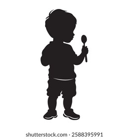 A toddler with a spoon in hand silhouette vector illustration