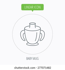 Toddler spout cup icon. Baby mug sign. Flip top feeding bottle symbol. Linear outline circle button. Vector