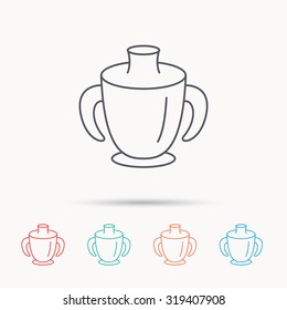 Toddler spout cup icon. Baby mug sign. Flip top feeding bottle symbol. Linear icons on white background. Vector