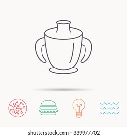 Toddler spout cup icon. Baby mug sign. Flip top feeding bottle symbol. Global connect network, ocean wave and burger icons. Lightbulb lamp symbol.