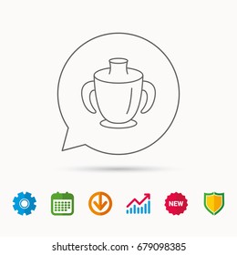 Toddler spout cup icon. Baby mug sign. Flip top feeding bottle symbol. Calendar, Graph chart and Cogwheel signs. Download and Shield web icons. Vector