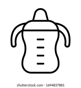 Toddler Spout Cup With Twin Handle. Linear Icon Of Baby Drinker. Black Simple Illustration Of Sippy Bottle With Scale. Contour Isolated Vector Emblem On White Background