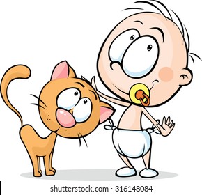 toddler standing and stroking a cat - vector illustration