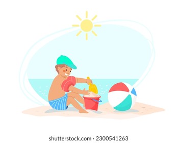 Toddler in swimming shorts, inflatable armbands and sunhat plays with bucket and spatula in sand on seashore. Vector illustration of family holiday with child at sea. 