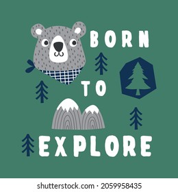 toddler tee print design with cute bear head drawn as vector