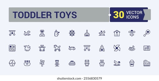 Toddler Toys thin line icon set. Includes icons for wooden, set, doll, vector, train, collection, toy and more. Thin linear style icons. Solid line editable vector illustration.