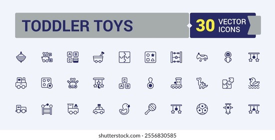 Toddler Toys thin line icon set. Includes icons for wooden, set, doll, vector, train, collection, toy and more. Thin linear style icons. Solid line editable vector illustration.