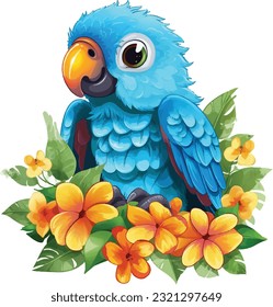 a toddler Turquoise Parrot flowers cartoon vector